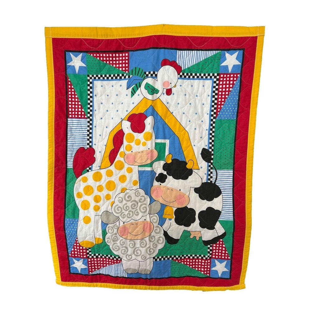 Vintage 90s Baby Blanket Farm Animals Cow Sheep Chicken Nursery Decor